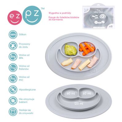 Ezpz Silikonowy talerzyk z podkładką mały 2w1 Mini Mat + pokrywka GRATIS pastelowa szarość Ezpz Silikonowy talerzyk z podkładką mały 2w1 Mini Mat + pokrywka GRATIS pastelowa szarość