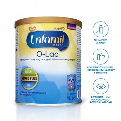 Enfamil Premium O-lac Mleko modyfikowane do stosowania przy objawach nietolerancji laktozy i biegunce od urodzenia 400 g Enfamil Premium O-lac Mleko modyfikowane do stosowania przy objawach nietolerancji laktozy i biegunce od urodzenia 400 g