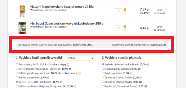 szacowany termin wysy�ki zam�wienia