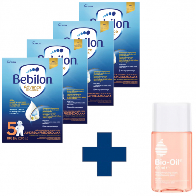 Bebilon Zestaw 5 Pronutra-Advance Odywcza formua na bazie mleka dla przedszkolaka + Bio Oil Specjalistyczny olejek do pielgnacji skry 4 x 1100 g + 60 ml