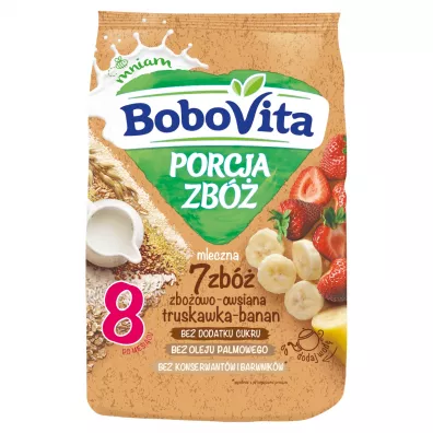 BoboVita Porcja Zb Kaszka mleczna 7 zb zboowo-owsiana truskawka-banan po 8. miesicu 210 g