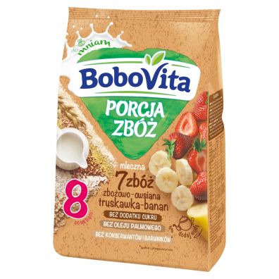 BoboVita Porcja Zbóż Kaszka mleczna 7 zbóż zbożowo-owsiana truskawka-banan po 8. miesiącu 210 g