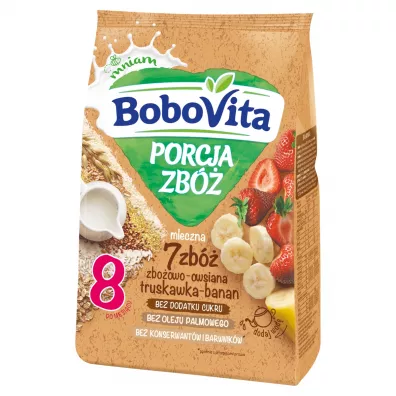 BoboVita Porcja Zb Kaszka mleczna 7 zb zboowo-owsiana truskawka-banan po 8. miesicu 210 g