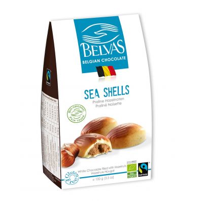 Belvas Belgijskie czekoladki białe z nadzieniem orzechowym Sea shells fair trade bezglutenowe 100 g Bio