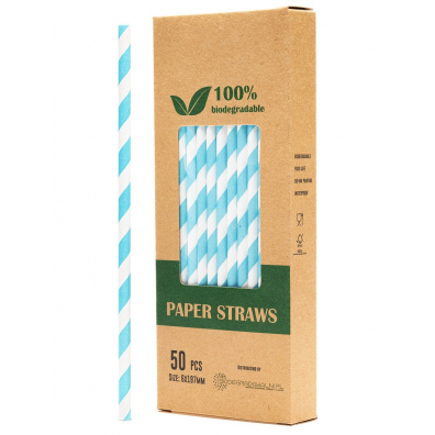 Biodegradowalni Naturalne papierowe somki do napojw Niebieskie pasy 19,7 x 0,6 cm 50 szt.