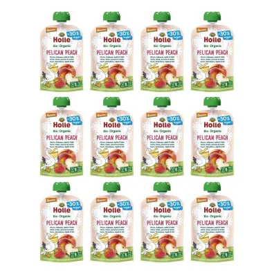 Holle Mus Brzoskwiniowy Pelikan (brzoskwinia - truskawka - jab�ko - owies) bezglutenowy po 6. miesi�cu �ycia Demeter Zestaw 12 x 100 ml Bio