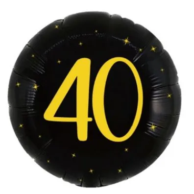 Balon foliowy 40 urodziny, okr�g�y, czarno z�oty, 45cm