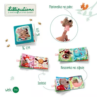Lilliputiens Ksieczka z mini-pacynk na palec wielofunkcyjna "Buziaki dla Cezara" Niedwiadek Cesar 12 m +