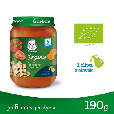 Gerber Organic Obiadek jarzynki z indykiem w pomidorach dla niemowl�t po 6 miesi�cu Zestaw 3 x 190 g Bio