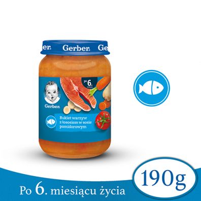 Gerber Obiadek bukiet warzyw z ososiem w sosie pomidorowym dla niemowlt po 6 miesicu 190 g
