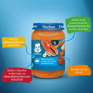 Gerber Obiadek bukiet warzyw z ososiem w sosie pomidorowym dla niemowlt po 6 miesicu 190 g