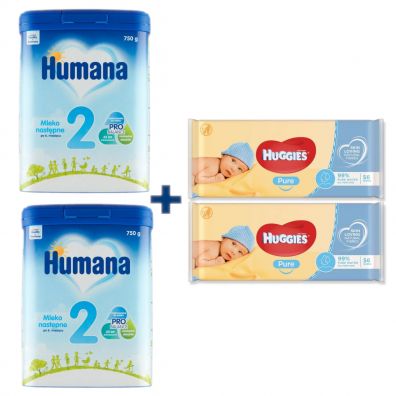 Humana 2 Mleko nastpne po 6 miesicu + Huggies Chusteczki nawilane Pure Zestaw 2 x 750 g + 2 x 56 szt.