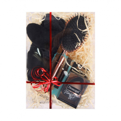 Donegal Zestaw prezentowy czarny: szczotka do wosw, opaska kosmetyczna, gbka do makijau +etui