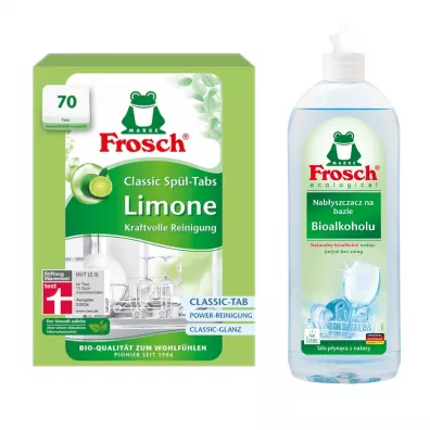 Frosch Tabletki do zmywarek Classic limonkowe + Nab�yszczacz na bazie Bioalkoholu Zestaw 70 szt. + 750 ml