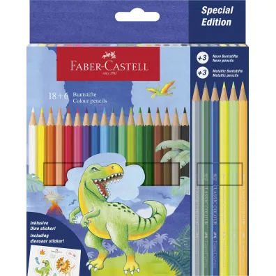 Faber-Castell Kredki sze�ciok�tne edycja dinozaury 18 kol. standardowych + 3 kol. metaliczne + 3 kol. neonowe + naklejki