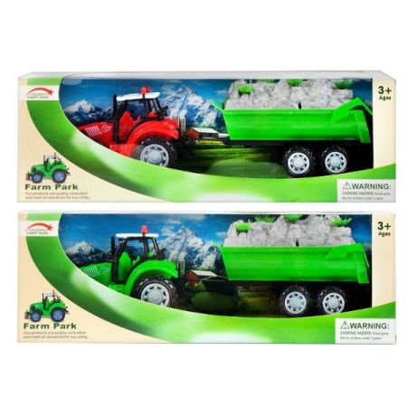 Traktor czerowny z przyczep, na ktrej znajduj sie imitacja ziemi z kpkami trawy Mega Creative