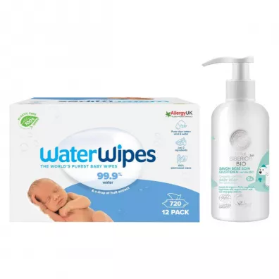 Waterwipes Chusteczki nawilane nasczane czyst wod Biodegradowalne + Little Siberica Organiczne mydo dla dzieci 0+ Zestaw 12 x 60 szt. + 250 ml