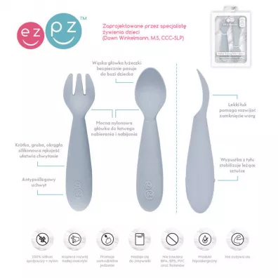 Ezpz Komplet silikonowych sztucw Mini Utensils pastelowa szaro