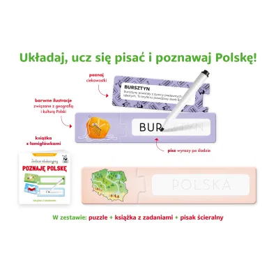 Zestaw edukacyjny. Poznaj� Polsk�. Ksi��ka + puzzle do pisania 3+ Kapitan Nauka