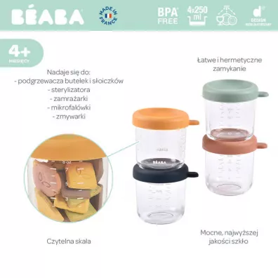Beaba Zestaw pojemnikw soiczkw szklanych z zamkniciem Sunrise color mix 4 x 250 ml