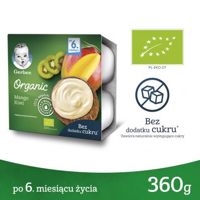 Gerber Organic Deserek 100% wegaski z musem kokosowym mango kiwi po 6 miesicu 360 g Bio