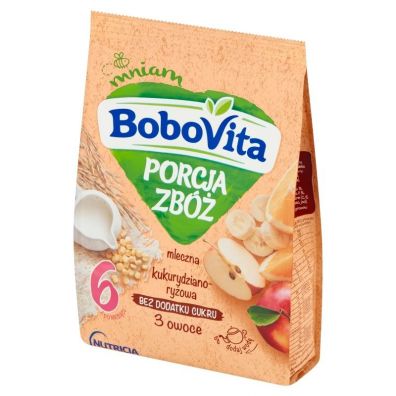 BoboVita Porcja Zbóż Kaszka mleczna kukurydziano-ryżowa 3 owoce po 6 miesiącu 210 g