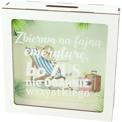 Skarbonka drewniana "zbieram na fajn� emerytur�..." (17,5x17,5x5,5cm)