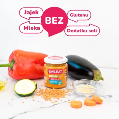 Smileat S�oiczek z ekologicznymi ma�ymi kawa�kami soczewicy i komos� ry�ow� po 10 miesi�cu 230 g Bio