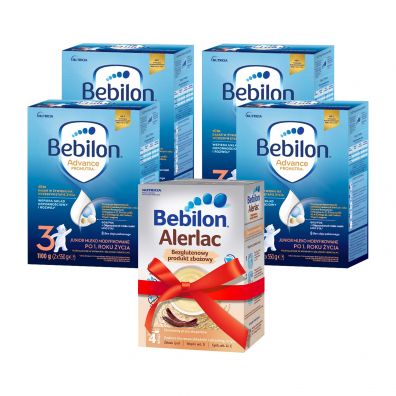 Bebilon 3 Pronutra-Advance Mleko modyfikowane po 1. roku ycia + Alerlac Bezglutenowa kaszka zboowa po 4 miesicu Zestaw 4 x 1100 g + 400 g