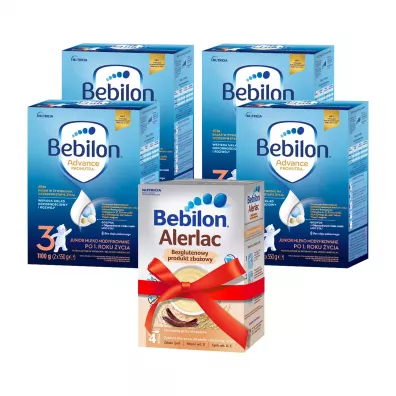 Bebilon 3 Pronutra-Advance Mleko modyfikowane po 1. roku �ycia + Alerlac Bezglutenowa kaszka zbo�owa po 4 miesi�cu Zestaw 4 x 1100 g + 400 g