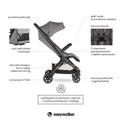 Easywalker Jackey Kompaktowy, samosk�adaj�cy si� w�zek spacerowy z torb� transportow� Marble Grey