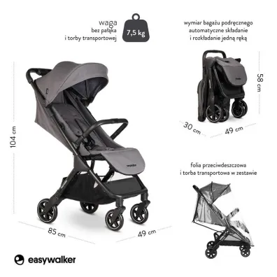 Easywalker Jackey Kompaktowy, samosk�adaj�cy si� w�zek spacerowy z torb� transportow� Marble Grey