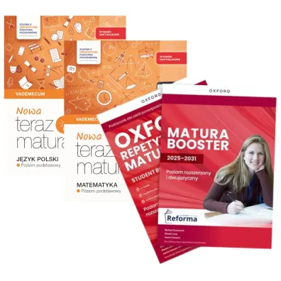 Pakiet Matura 2026: Nowa Teraz matura. Vademecum. Zakres podstawowy: J�zyk polski i Matematyka, Oxford Repetytorium Maturzysty. Poziom rozszerzony z dodatkiem Matura Booster i Online Practice
