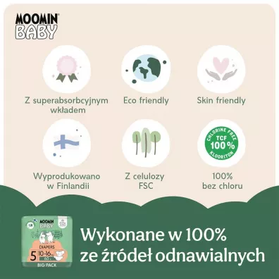 Muumi Baby Moomin Baby, Pieluszki 5 Maxi (10-16 kg), Eko Big Pack 60 szt.