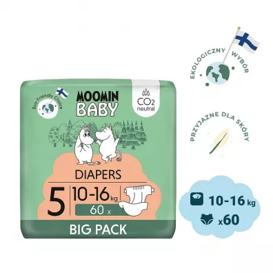 Muumi Baby Moomin Baby, Pieluszki 5 Maxi (10-16 kg), Eko Big Pack 60 szt.