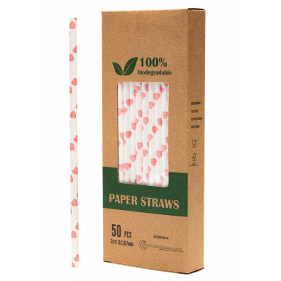 Biodegradowalni Naturalne papierowe somki do napojw Rowe serca 19,7 x 0,6 cm 50 szt.