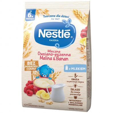 Nestle Kaszka mleczna owsiano-pszenna malina banan bez dodatku cukru dla niemowlt po 6 miesicu 180 g