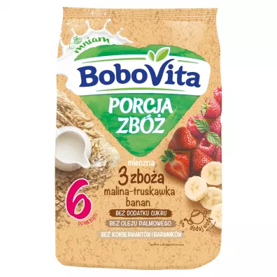 BoboVita Porcja Zb Kaszka mleczna 3 zboa malina-truskawka-banan po 6. miesicu 210 g