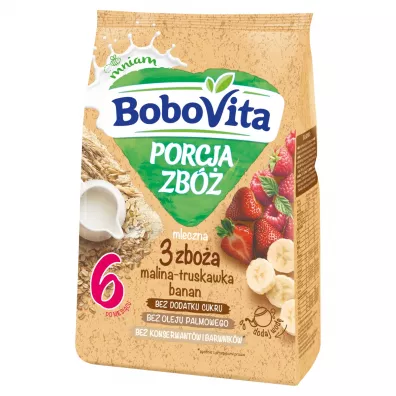 BoboVita Porcja Zb Kaszka mleczna 3 zboa malina-truskawka-banan po 6. miesicu 210 g