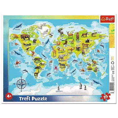 Puzzle ramkowe 25 el. Mapa �wiata ze zwierz�tami Trefl