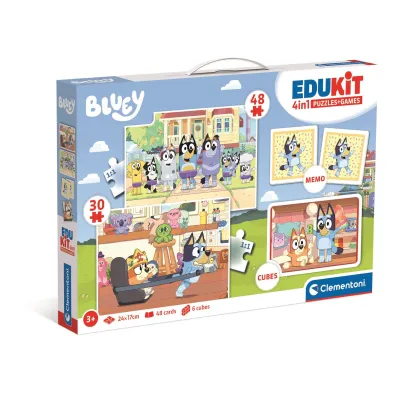 Edukit 4w1. Puzzle 30+48 el., Memo, Klocki obrotowe edukacyjne Bluey Clementoni