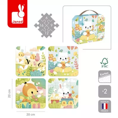 Puzzle progresywne w walizce Zwierztka Pure 4 ukadanki 2+ Janod