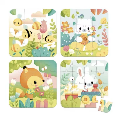 Puzzle progresywne w walizce Zwierztka Pure 4 ukadanki 2+ Janod