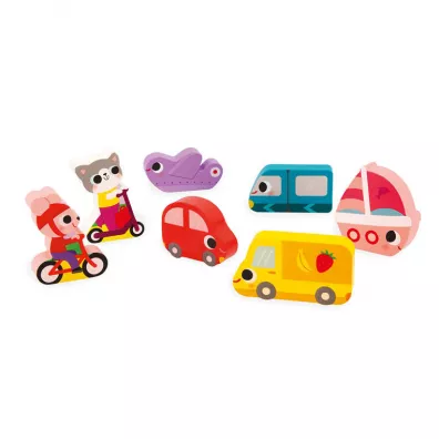 Puzzle drewniane 3D 7 el. Pojazdy Janod