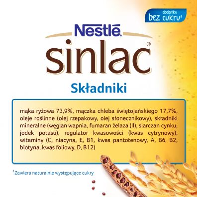 Nestle Sinlac Bezglutenowy produkt zboowy bez laktozy soi i cukru dla niemowlt po 4 miesicu 300 g