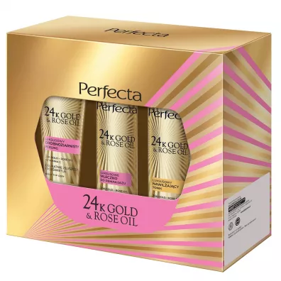 Perfecta Zestaw 24K Gold & Rose Oil peeling drobnoziarnisty + tonik + mleczko do demakija�u 75 g + 2 x 200 ml