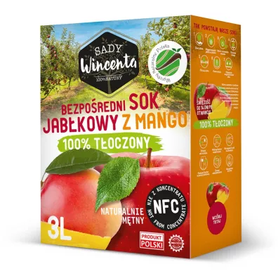 Sady Wincenta Sok 100% jabkowy z mango naturalnie mtny toczony NFC 3 l