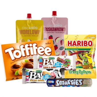 Nestle Zestaw sodyczy na dzie dziecka: musy Owolovo + elki Haribo + Smarties + Toffifee + batony Ba! 2 x 200 g + 2 x 25 g + 130 g + 125 g + 175 g