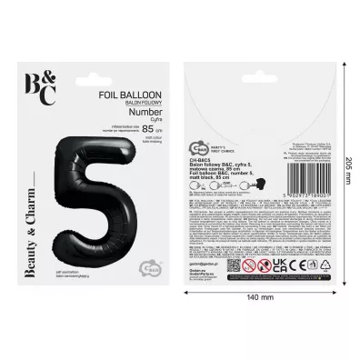 Godan Balon foliowy B&C cyfra 5 matowa czarna 85cm