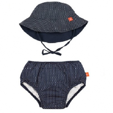 Lassig Zestaw kapelusz i majteczki do pływania z wkładką chłonną Polka Dots navy UV 50+ 18 m-cy
